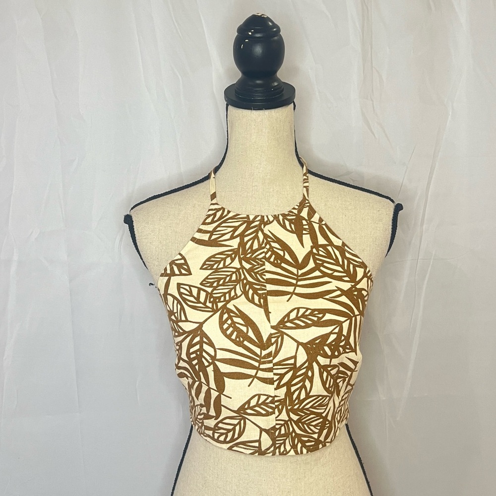 House of Harlow 1960 Natural Leaf Printed Halter Linen Crop Top